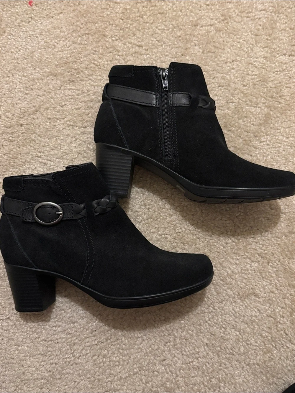 Clarks Black Suede Ankle Booties with Buckle and Braided Strap 7W